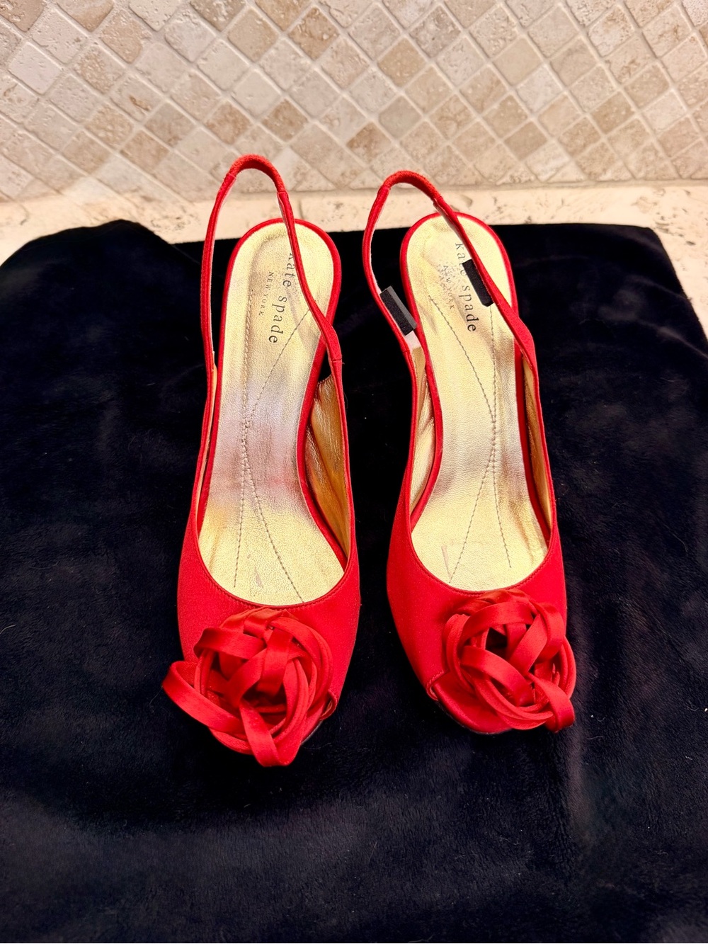 kate spade Red Slingback Peep-Toe Satin Heels with Rosette